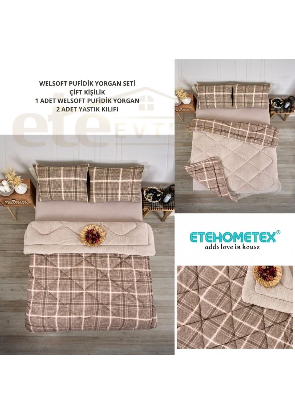 ETE HOMETEX ÇİFT KİŞİLİK LÜX WELSOFT YORGAN SETİ 195X215CM SAFİR BEJ 8696474231947